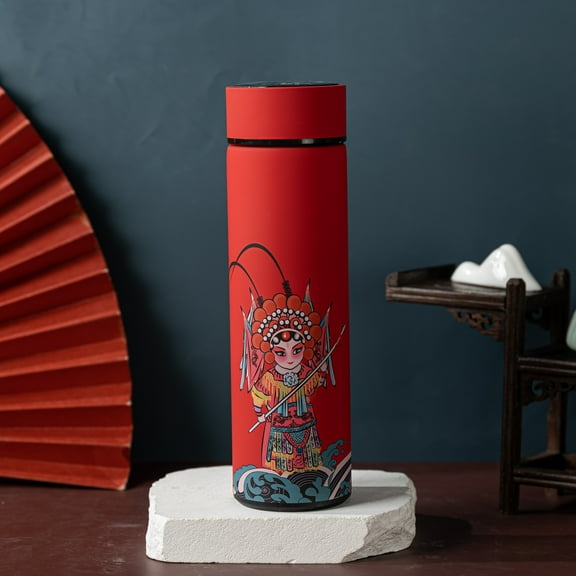 Insulated Coffee Tea Travel Thermos Mug Water Bottle with Removable Strainer and Temperature Featuring Chinese Opera Singer Design - 16.9 fl oz (Red)