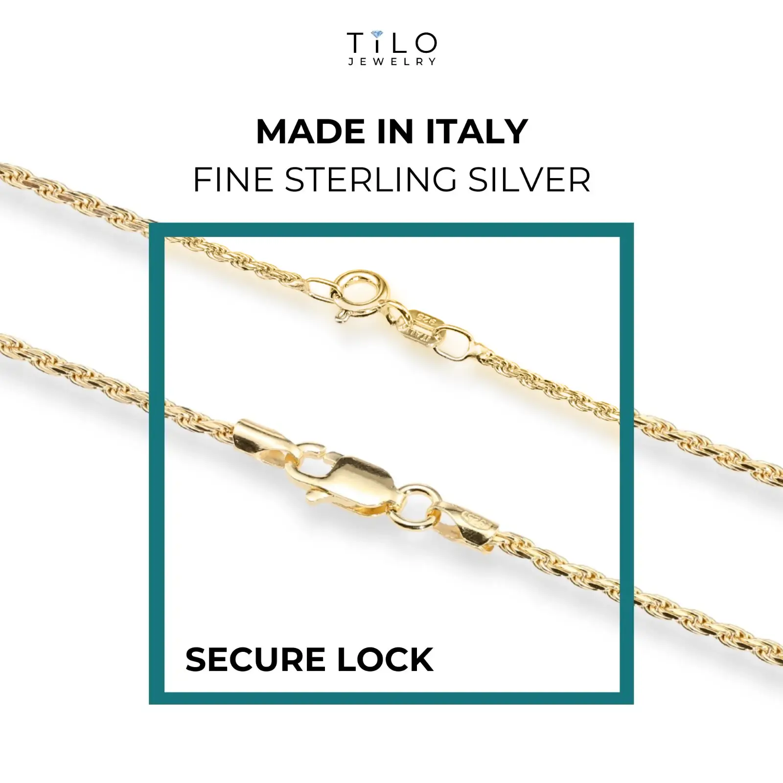 Tilo Jewelry Yellow Gold Plated 925 Sterling Silver Rope Chain Necklace with Secure Lobster Lock | 2.5mm - 24 Inch | Everyday Necklace for Men, Women, Unisex