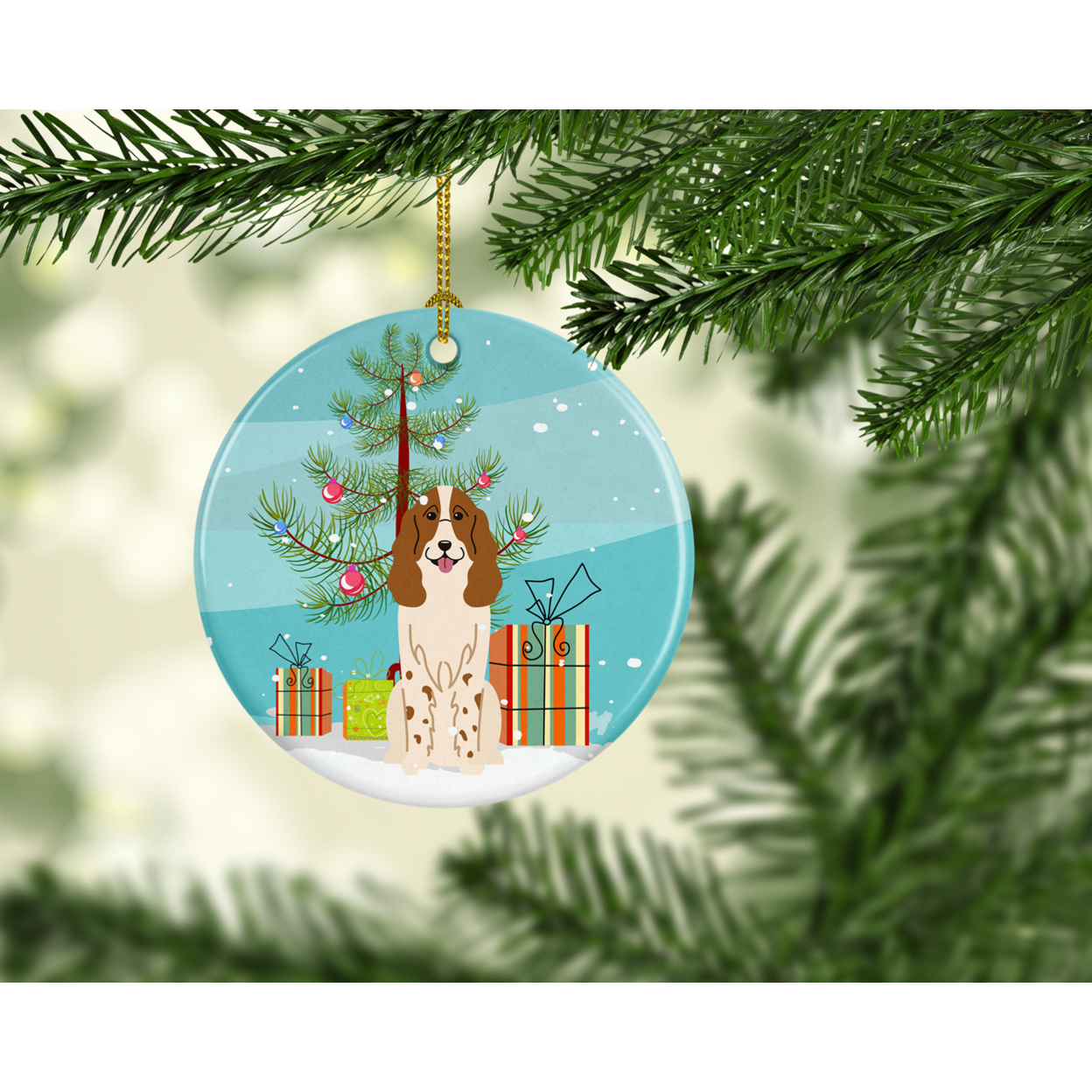 Merry Christmas Tree Russian Spaniel Ceramic Ornament