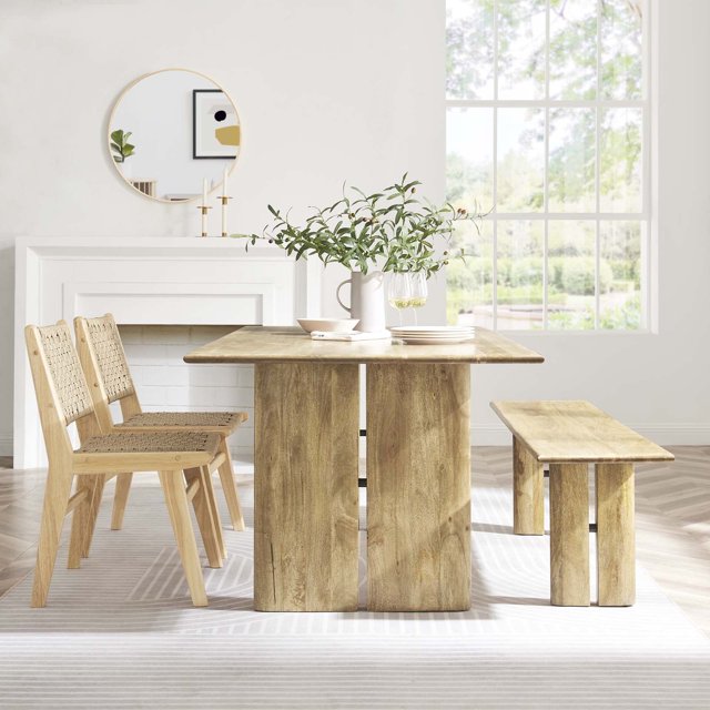 Modway Amistad 72" Rectangular Wood Dining Table and Bench Set in Oak