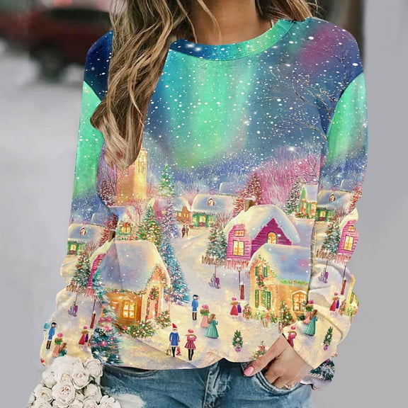 Elvqul Womens Shirts Pullover Sweatshirts Printed Crew Neck Spring Tops for Juniors Long Sleeve