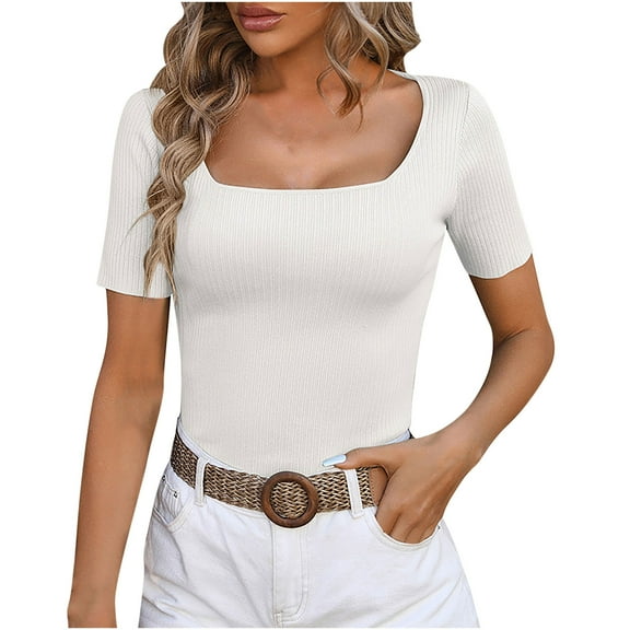 Timegard Going out Tops for Women Square Neck Slim Fitting Knit Tee Shirts Casual Solid Color Tops