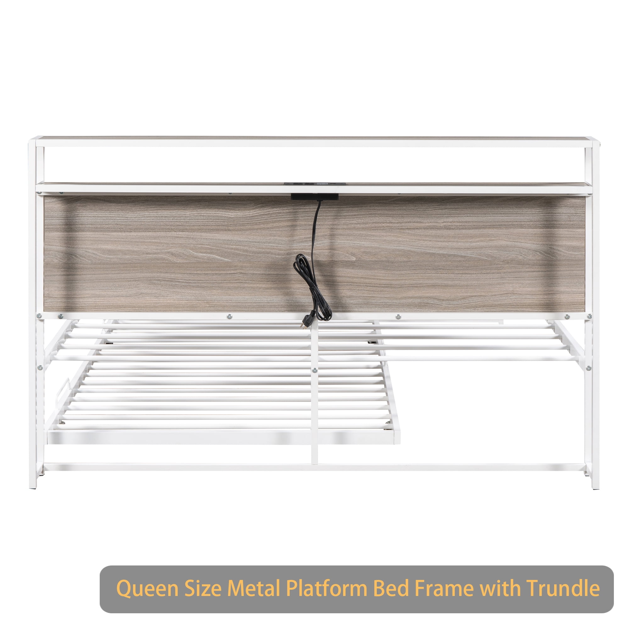 Queen Size Metal Platform Bed Frame with Trundle, USB Ports and Slat Support ,No Box Spring Needed White