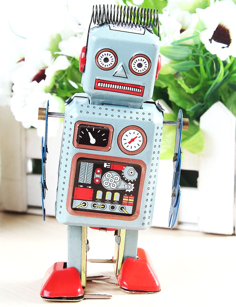 Vintage Mechanical Clockwork Wind Up Metal Walking Radar Robot Tin Toy KidsFEH 