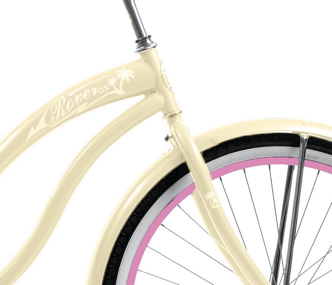 Wonder Wheels 26 In. Beach Cruiser Coaster Brake Single Speed Bicycle, Bike, Stainless Steel Spokes One Piece Crank Alloy Pink Rims 36 H With Fenders - Vanilla & Pink