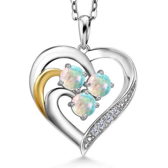 Gem Stone King 0.79 Ct Round Cabochon White Simulated Opal E-F Lab Grown Diamond 925 Silver and 10K Yellow Gold Pendant