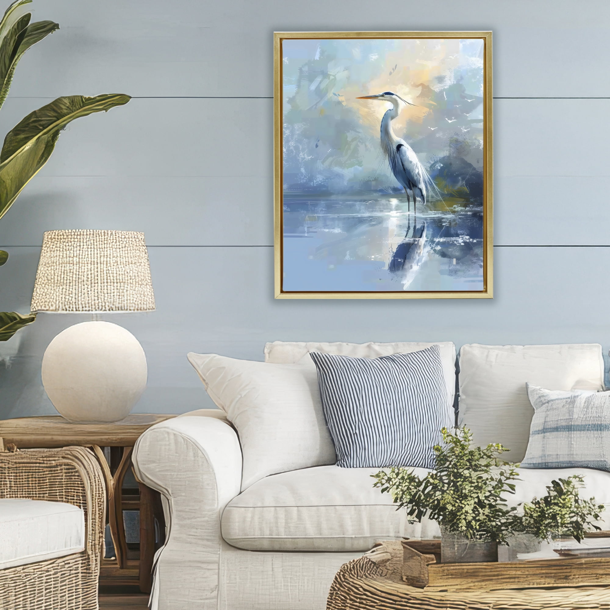 Stupell Industries Tranquil Heron with Dawn Glow Gold Framed Floater Canvas Wall Art, design by Creative Studio