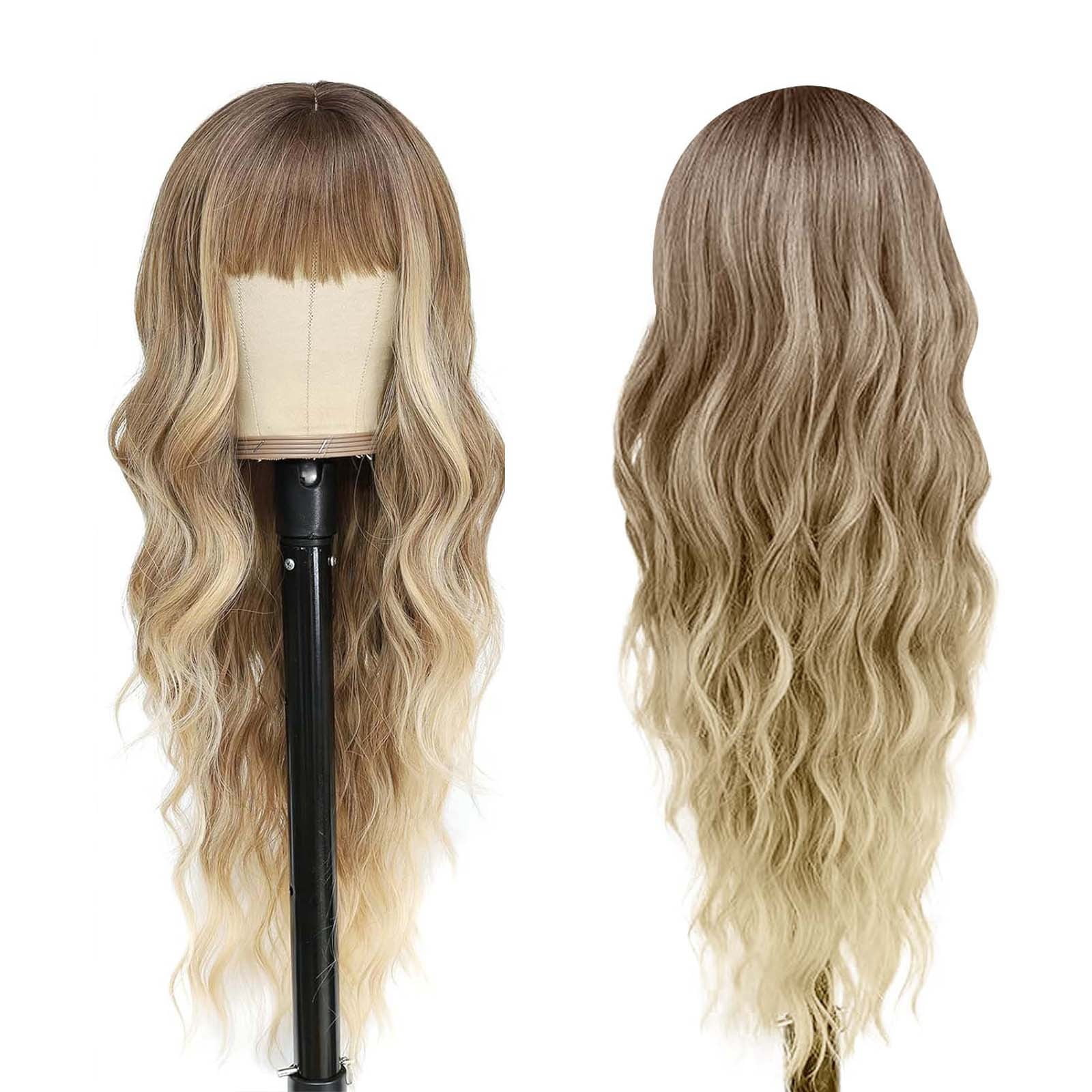 Long Wavy Wig with Bangs for Women, Brown Highlight Synthetic Wig with Dark Roots, Heat Resistant Wigs for Daily Party Use(Gold,One Size)