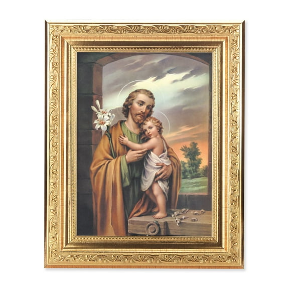 St. Joseph Picture Framed Wall Art Decor, Medium, Gold-Leaf Antique Finished Frame with Acanthus-Leaf Detail