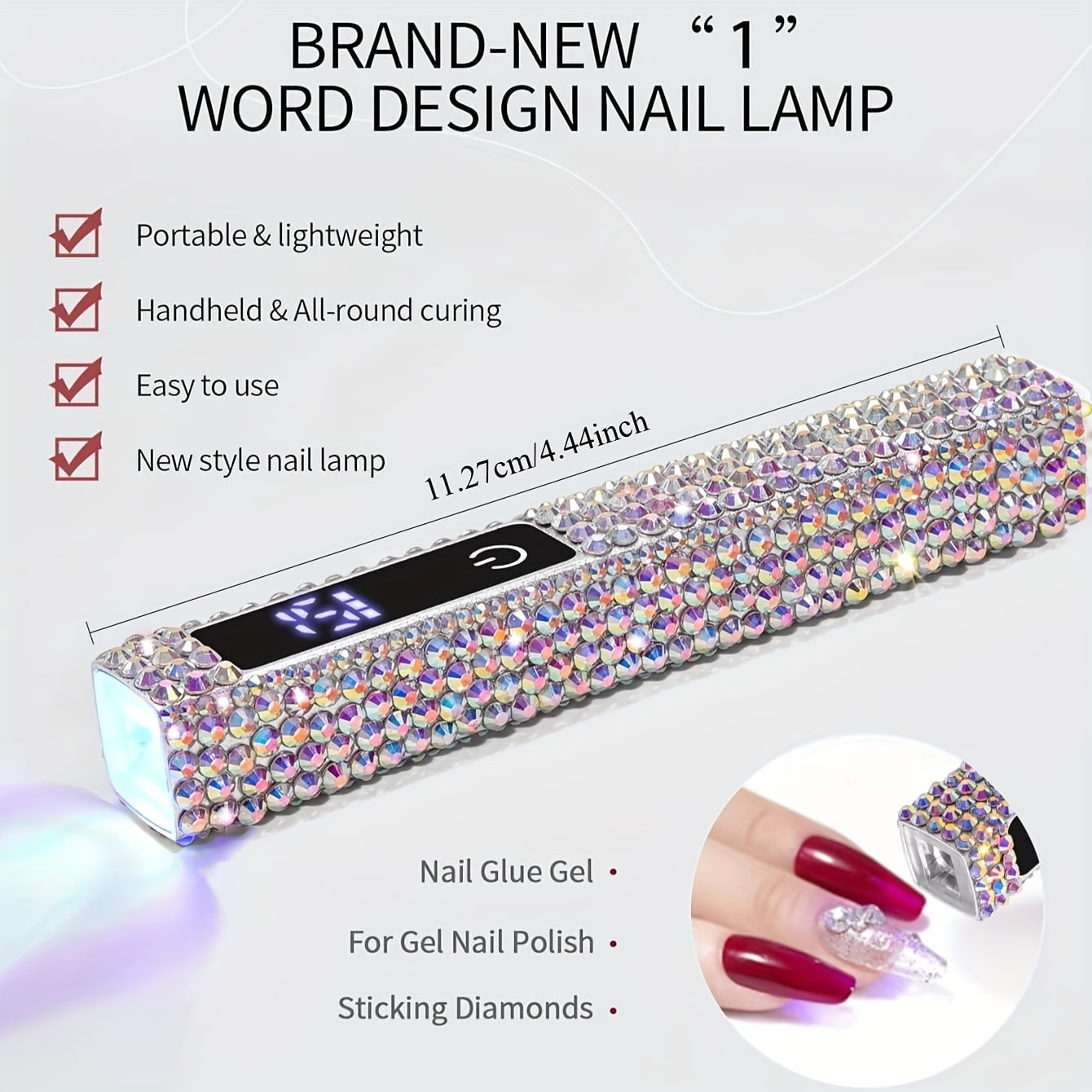 PRYZUNA Mini Crystal LED UV Nail Lamp – Portable Gel Polish Dryer with Touch Timer, USB-C Rechargeable Design with Rhinestone Finish