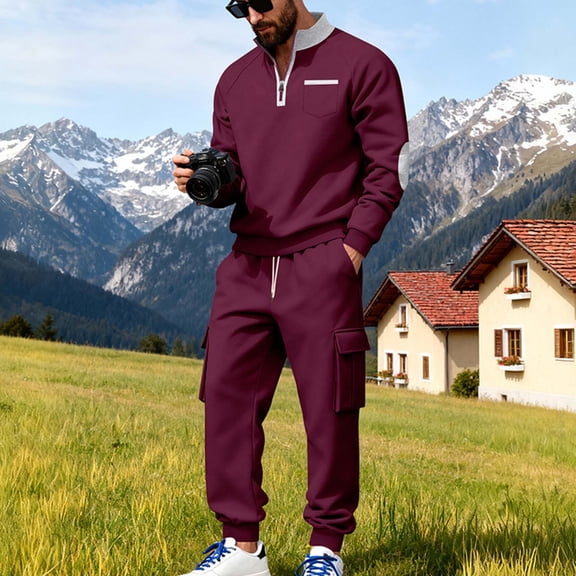 DayScoop Mens Long Sleeve Sweat Suit Solid Color Sports Set Fashion Casual Style Pocket Half Full Zip Hoodie Drawstring Waist Workwear Sweatpants Sportswear