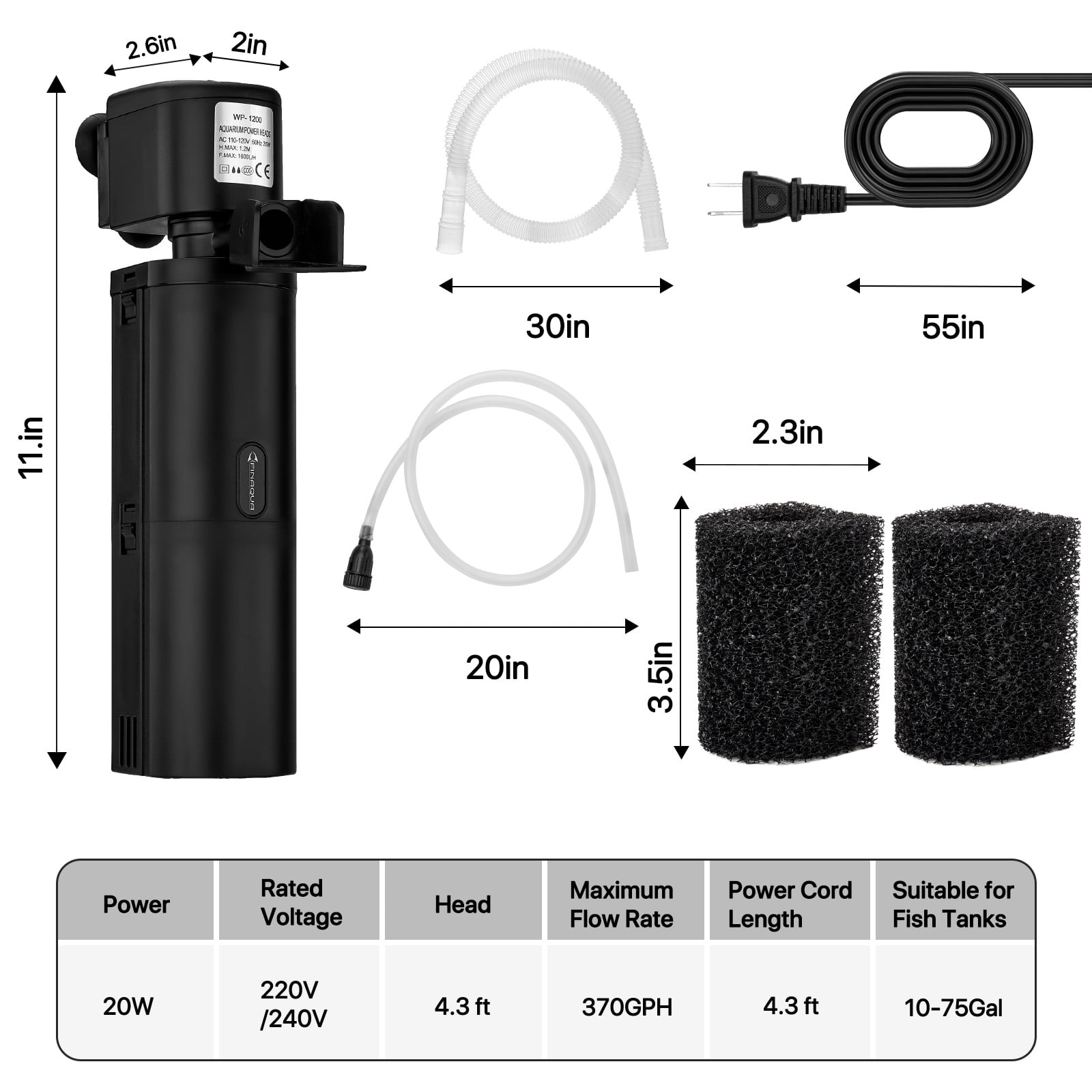FINAQUA Submersible Aquarium Filter – Powerful Internal for 20-75Gallon Tanks | Ideal for Large Fish, Turtles & Koi Ponds | All-in-One Aeration, Deodorization