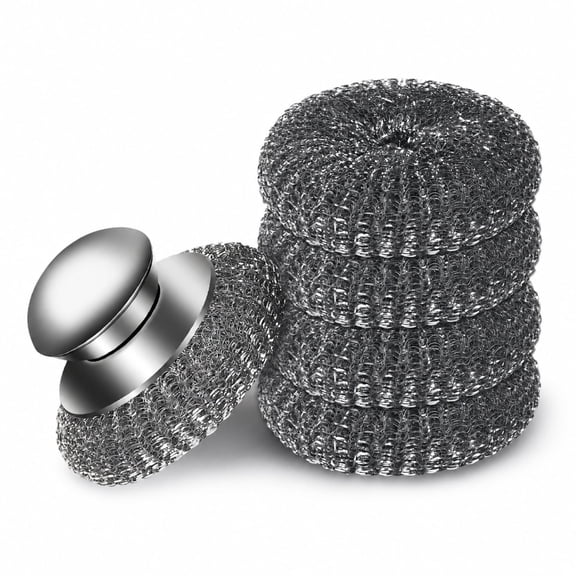 5-Piece Steel Wool Scrubber Set with 4 Replacement Pads, Stainless Steel Scouring Tool with Ergonomic Handle, Heavy-Duty Cleaner for Cast Iron, Pots, Pans, Grill, Stove and Sink