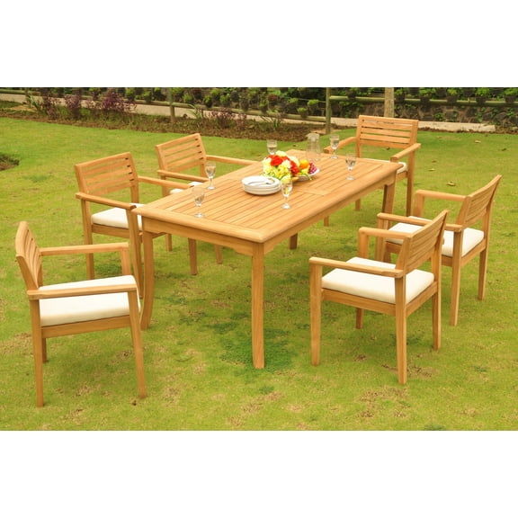 Teak Dining Set: 6 Seater 7 Pc: 71" Rectangle Table & 6 Montana Stacking Arm Chairs Outdoor Patio Grade-A Teak Wood WholesaleTeak #WMDSMT7