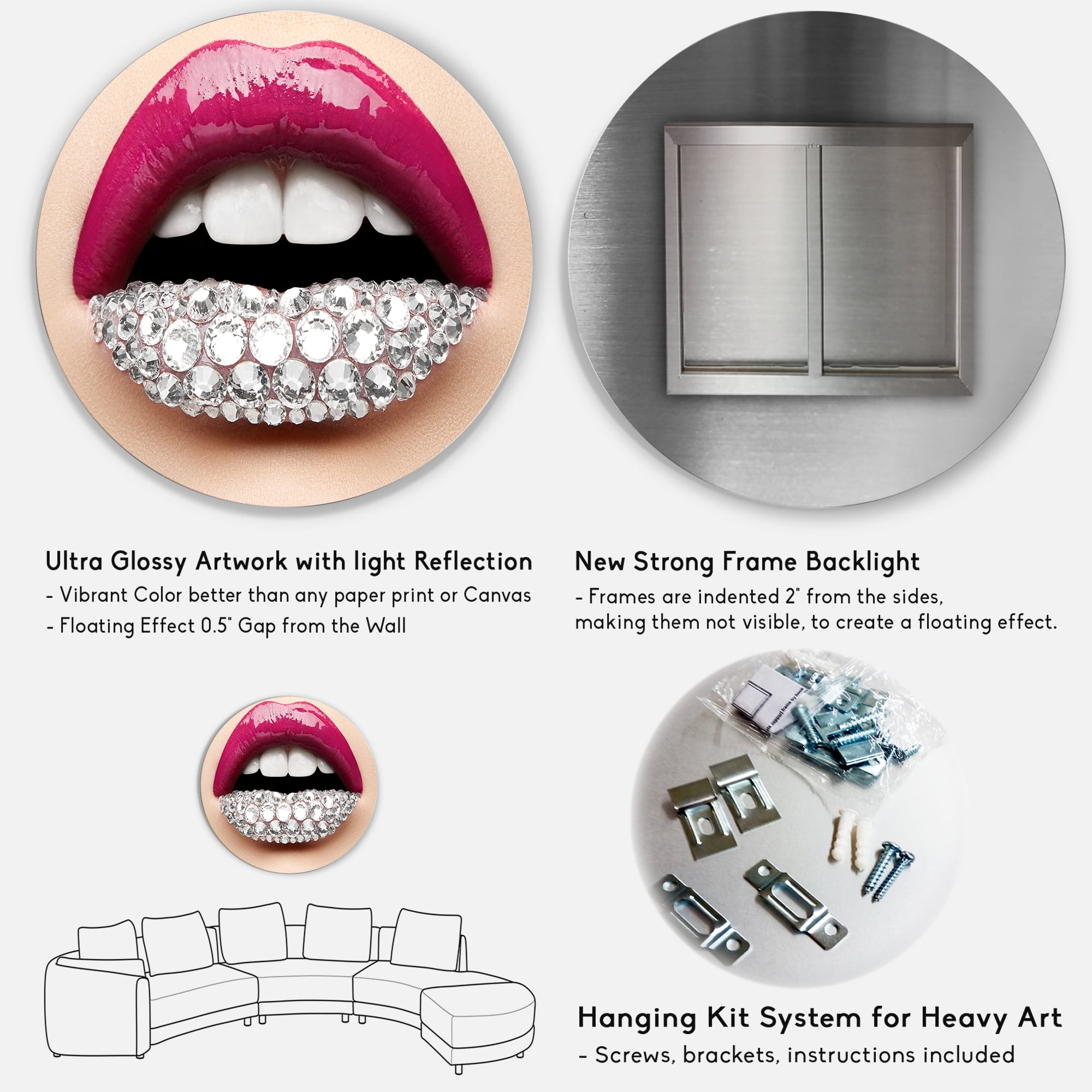 Designart 'Girl Lips With Pink Lipstick White Diamonds' Modern Circle Metal Wall Art 29x29 - Disc of 29