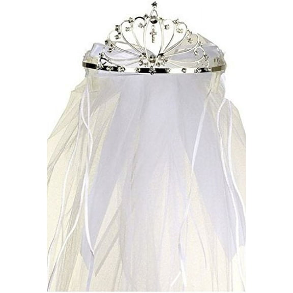 Little Girls Dangling Cross Rhinestone Tiara Mesh Communion Veil White