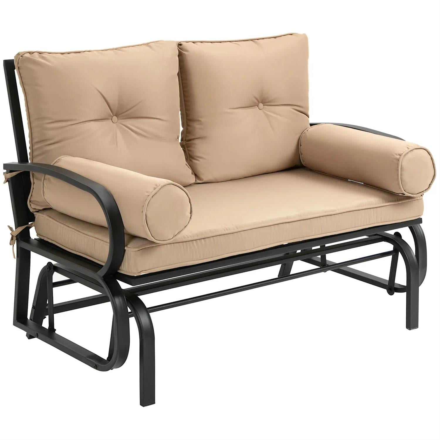Demi Bonn Outdoor Glider Chairs Swing Glider Rocking Chair, Double Patio Bench, 2 Person Loveseat with Steel Frame, Cushions, Pillow Armrests, Beige