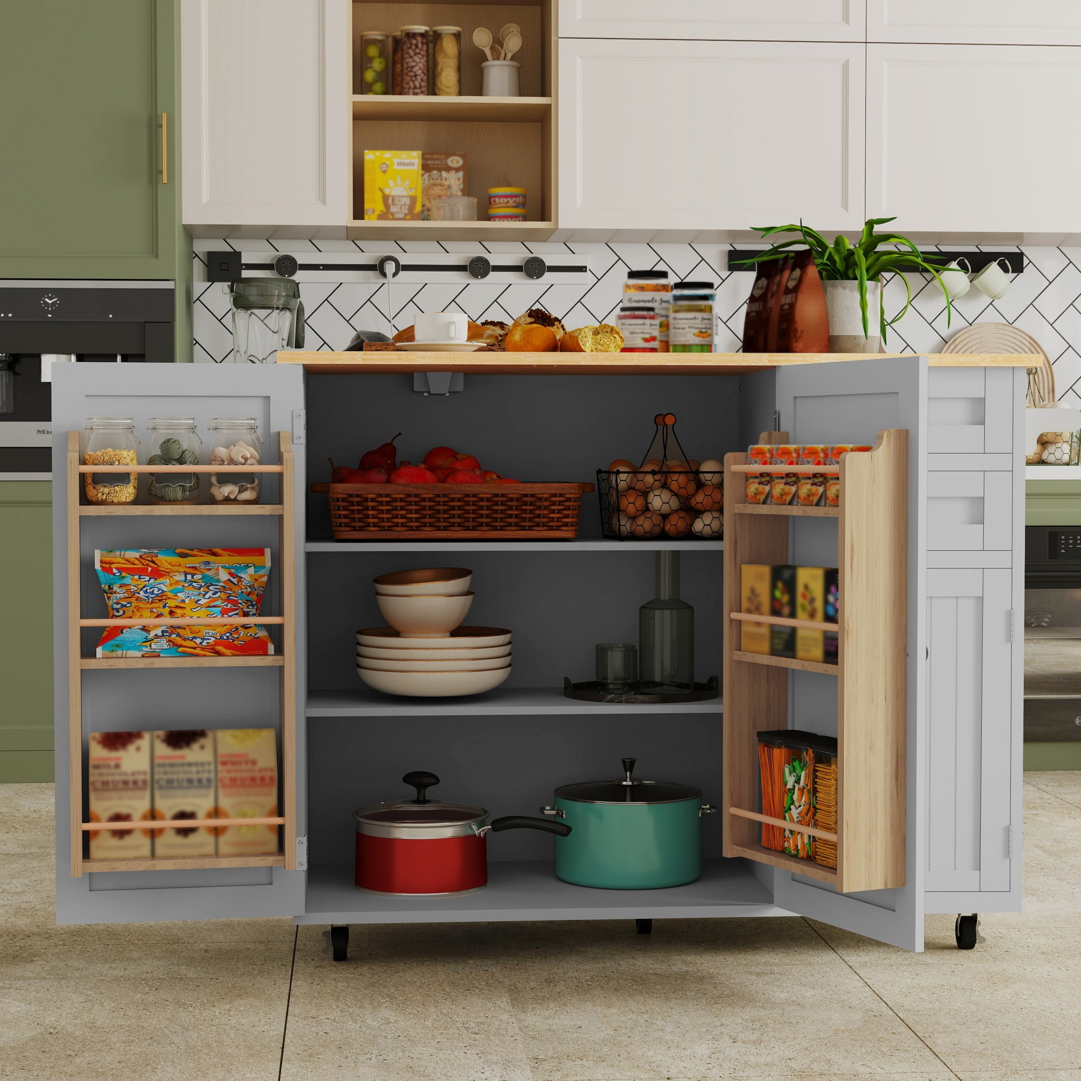 50.4" Kitchen Island with Storage,  Expandable Solid Wood Top Cart with Drop Leaf and Wheels, Grey