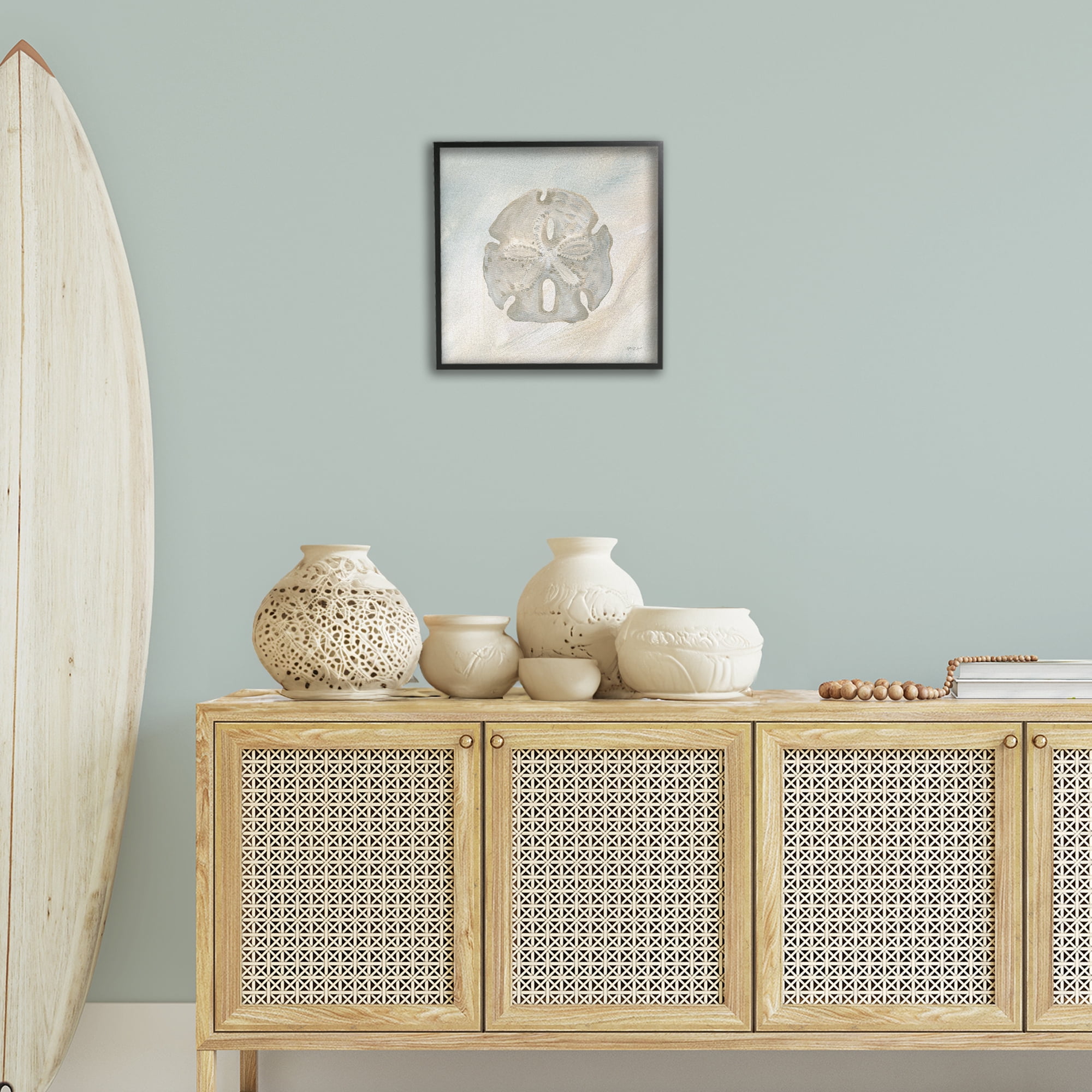 Stupell Industries Sand Dollar over Beige Coastal Painting Black Framed Art Print Wall Art, 17 x 17