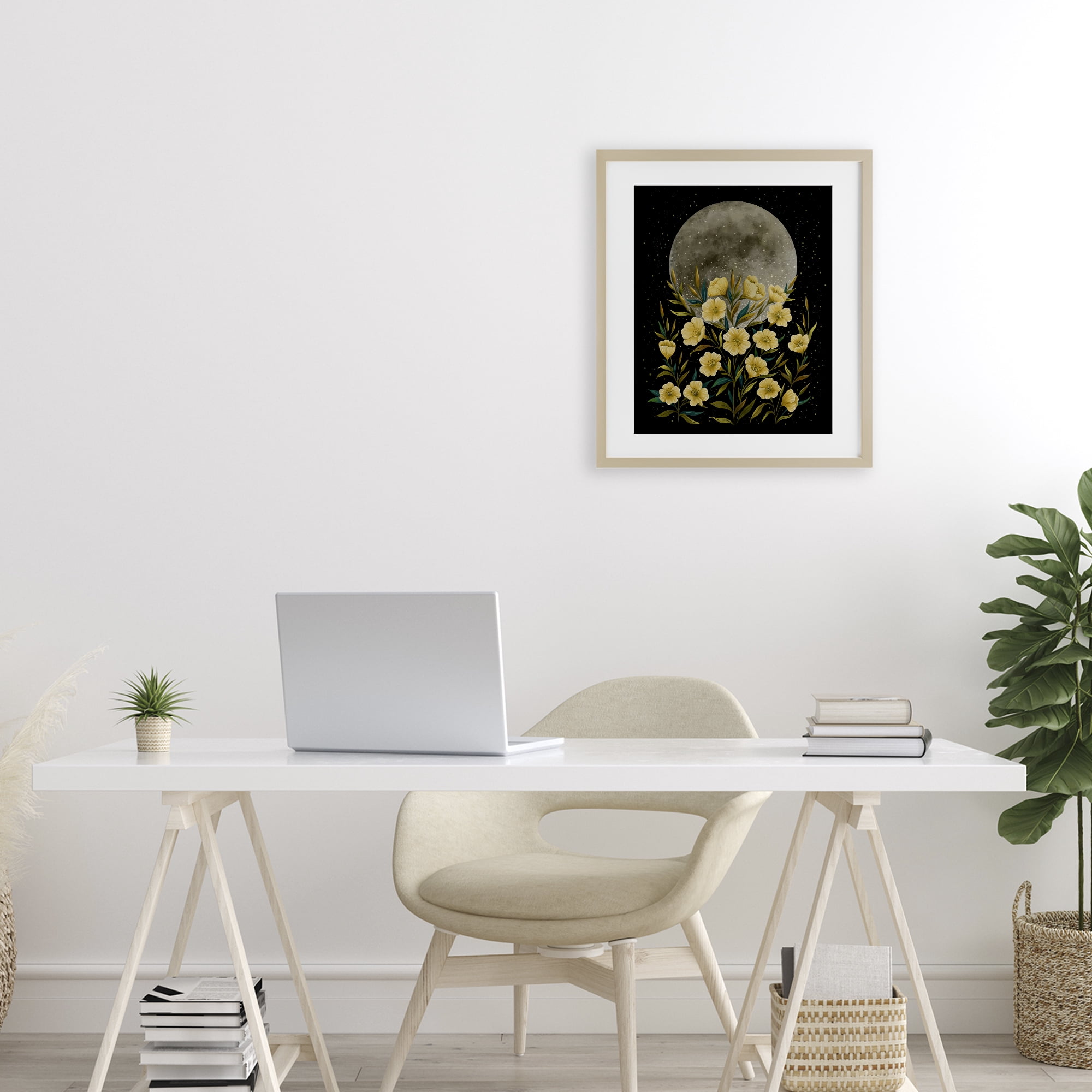 Stupell Industries Moon Greeting Yellow Flowers Birch Framed Print Under Glass, design by Episodic Drawings