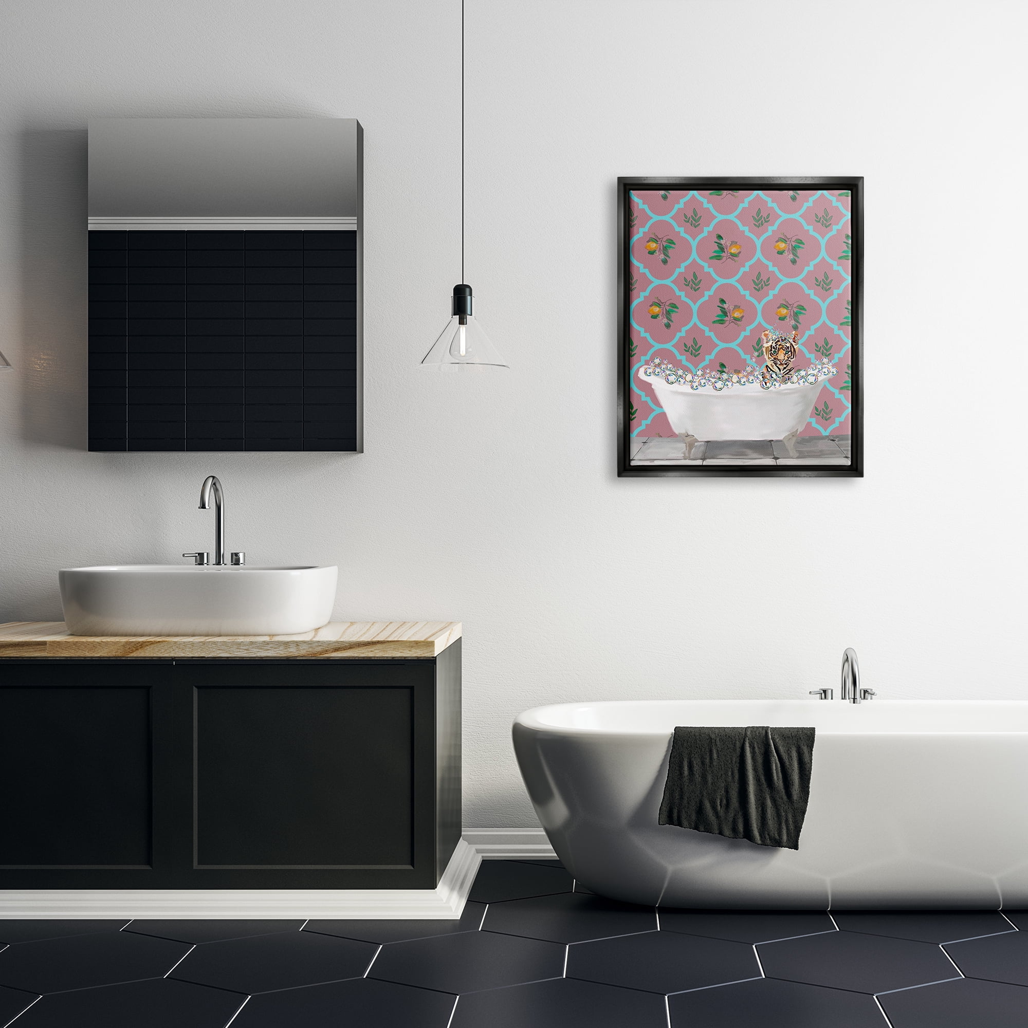 Stupell Industries Tiger Cub in Bath Animals & Insects Painting Black Floater Framed Art Print Wall Art, 25 x 31