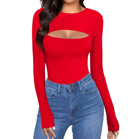 ALgALAROUND Womens cutout Tops Basic Long SleeveShort Sleeve Round Neck Slim Fit T-Shirts (A2 Red, Medium)