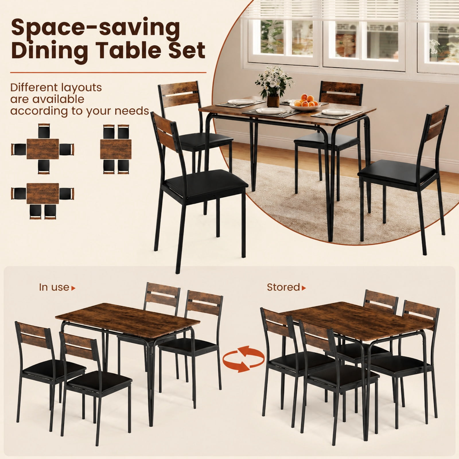 Furnibear 5 Piece Industrial Dining Table Set for 4 with Rectangular Kitchen Table and 4 Armless Upholstered Chairs, Rustic Brown