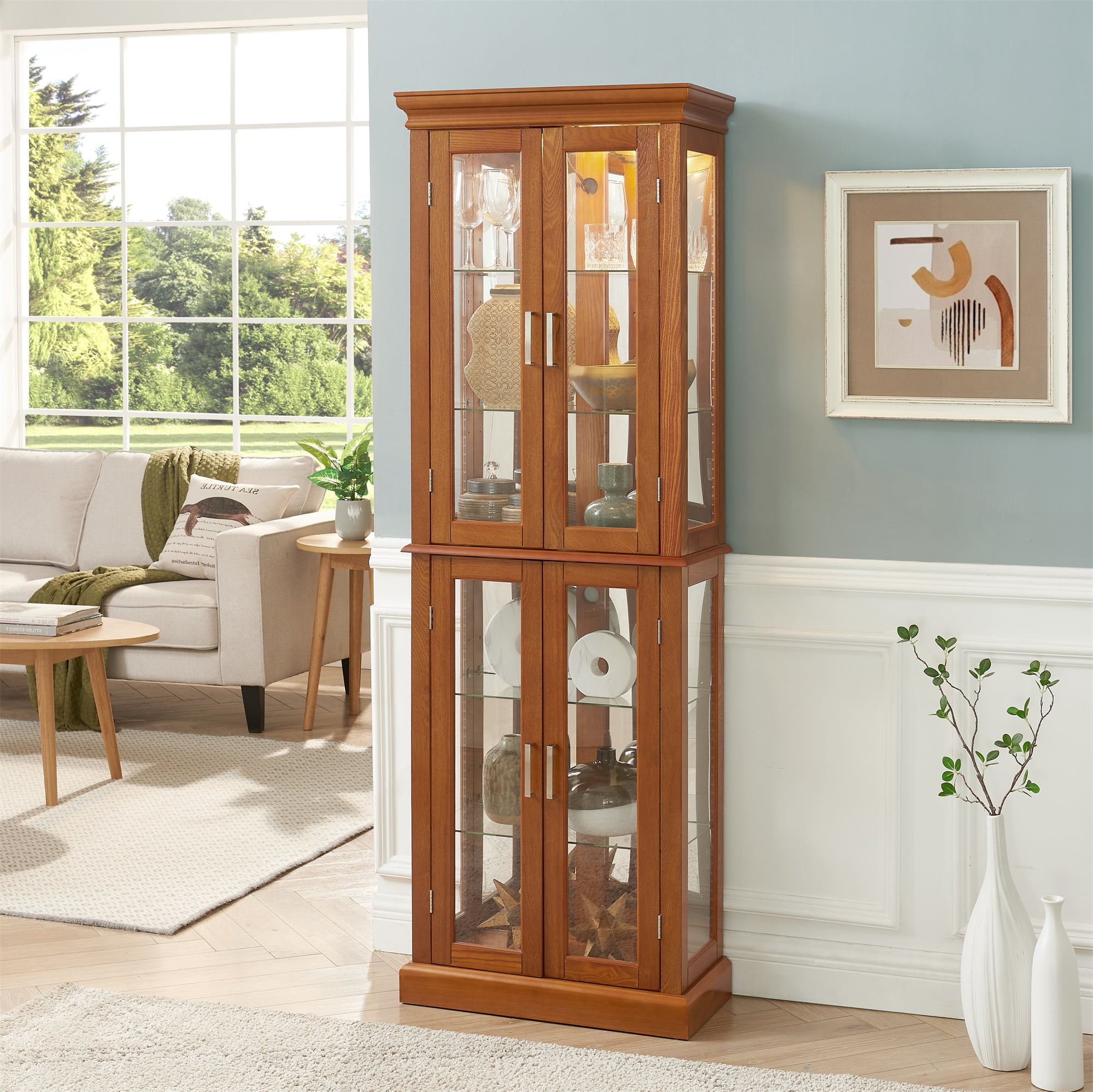 Miniyam Curio Display Cabinet with Adjustable Glass Shelves, Light, Oak