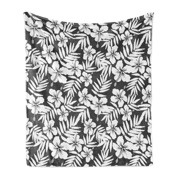 Tropical Soft Flannel Fleece Blanket, Artisan Exotic Hibiscus Flowers Fern Leaves Pattern Nature Plant Picture Art, Cozy Plush for Indoor and Outdoor Use, 50" x 60", Grey and White, by Ambesonne
