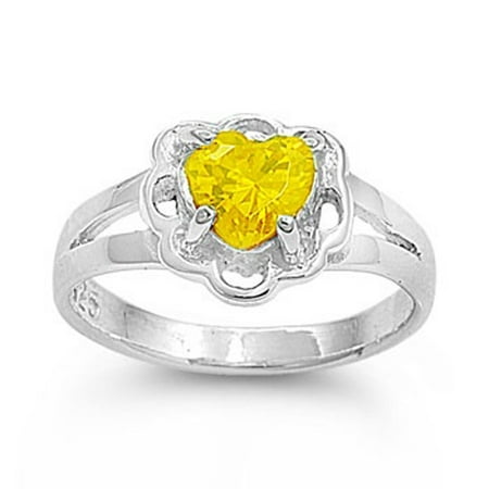 Unique Flower Ring - CHOOSE YOUR COLOR Yellow Simulated CZ Heart Flower Unique Cutout Ring .925 Sterling Silver Band