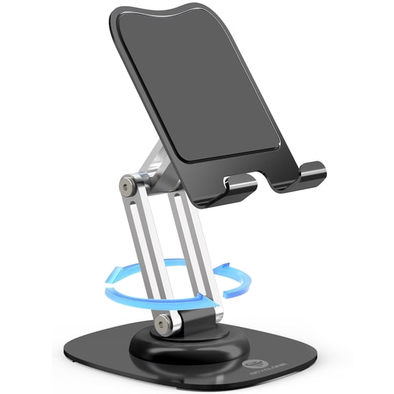 Ocyclone Cell Phone Stand for Desk, Aluminum Phone Holder with 360 Rotating Metal Base, Foldable Desktop Holder Compatible with iPhone 18 17 16 15 14 13 12 Pro Samsung All 4.7-8 inch Phones, Black