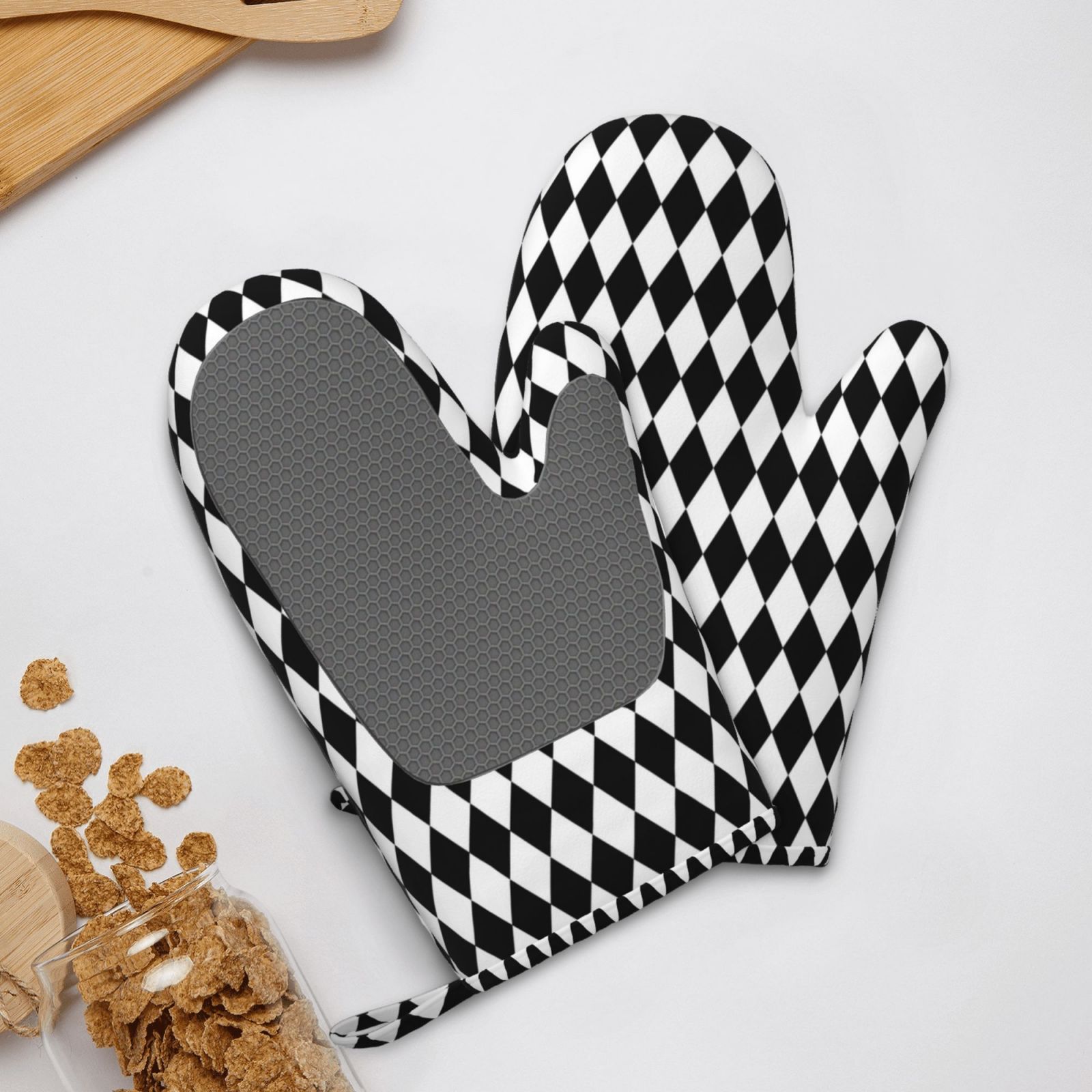 Hirioo Black And White Diamonds for Silicone Oven Mitts for BBQ, Baking, Cooking, Set of 2, Heat Resistant 260℃, Non-Slip Kitchen Essentials