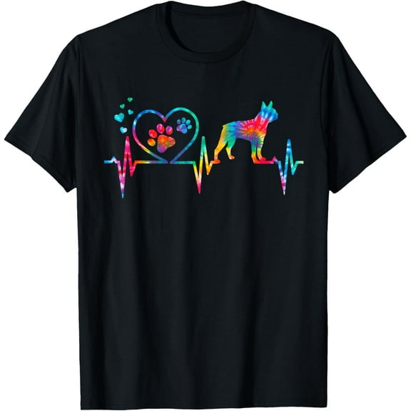 Boston Terrier Tie Dye Heartbeat Love Dog Funny T-ShirtMen and women, Black T-shirt, size: Extra large