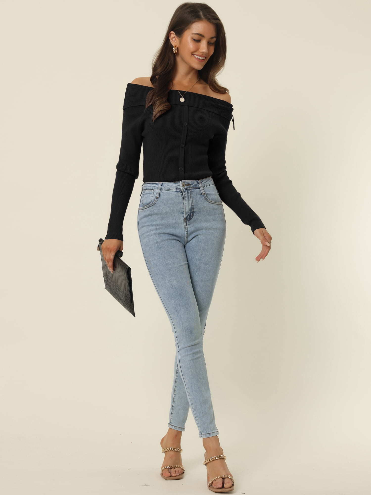 Unique Bargains Women's Off Shoulder Ribbed Knit Long Sleeve Solid Sweater Pullover Top XL Black