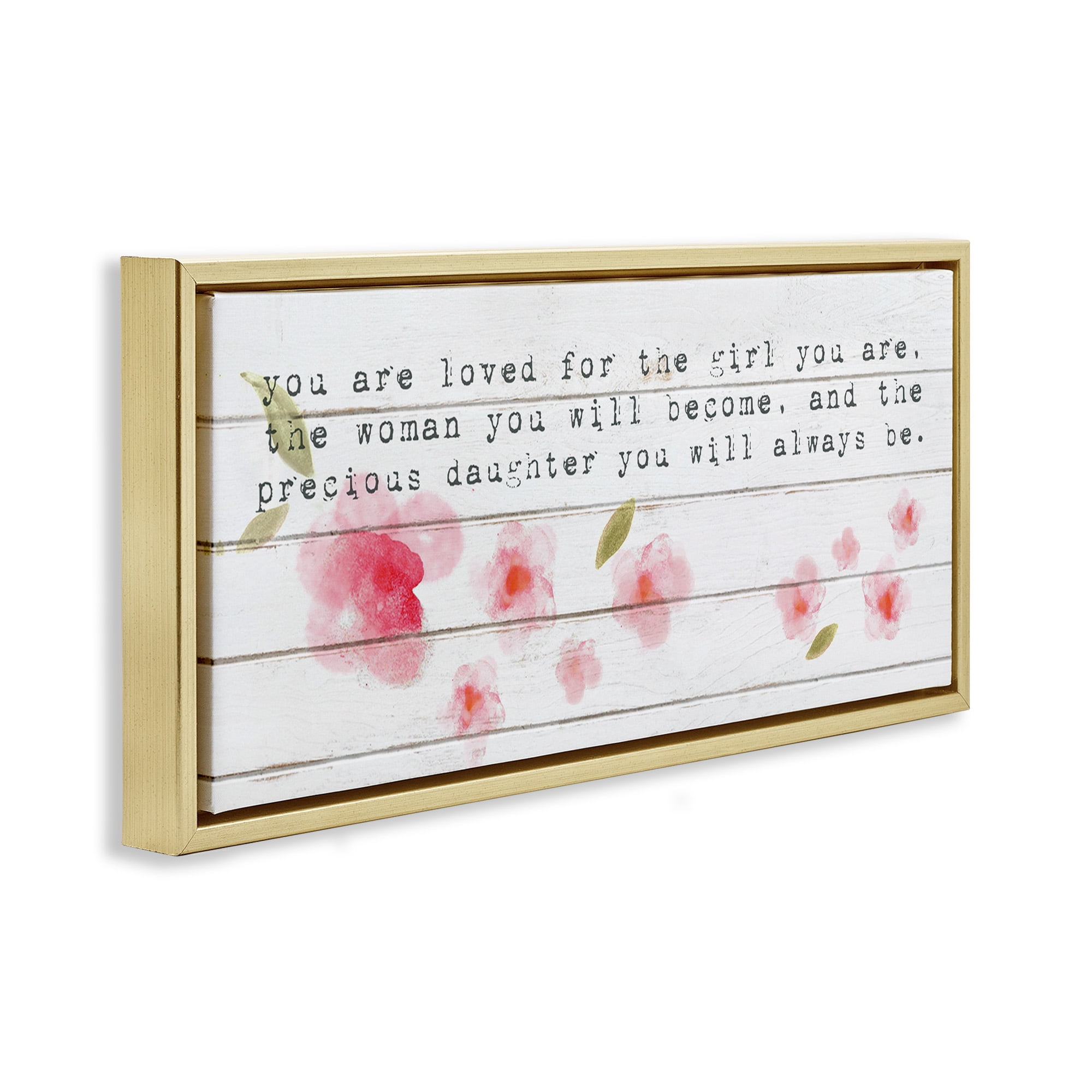 Stupell Industries Precious Daughter with Pink Flowers Art for Kids Painting Gold Floater Framed Canvas Art Print Wall Art, 25 x 11