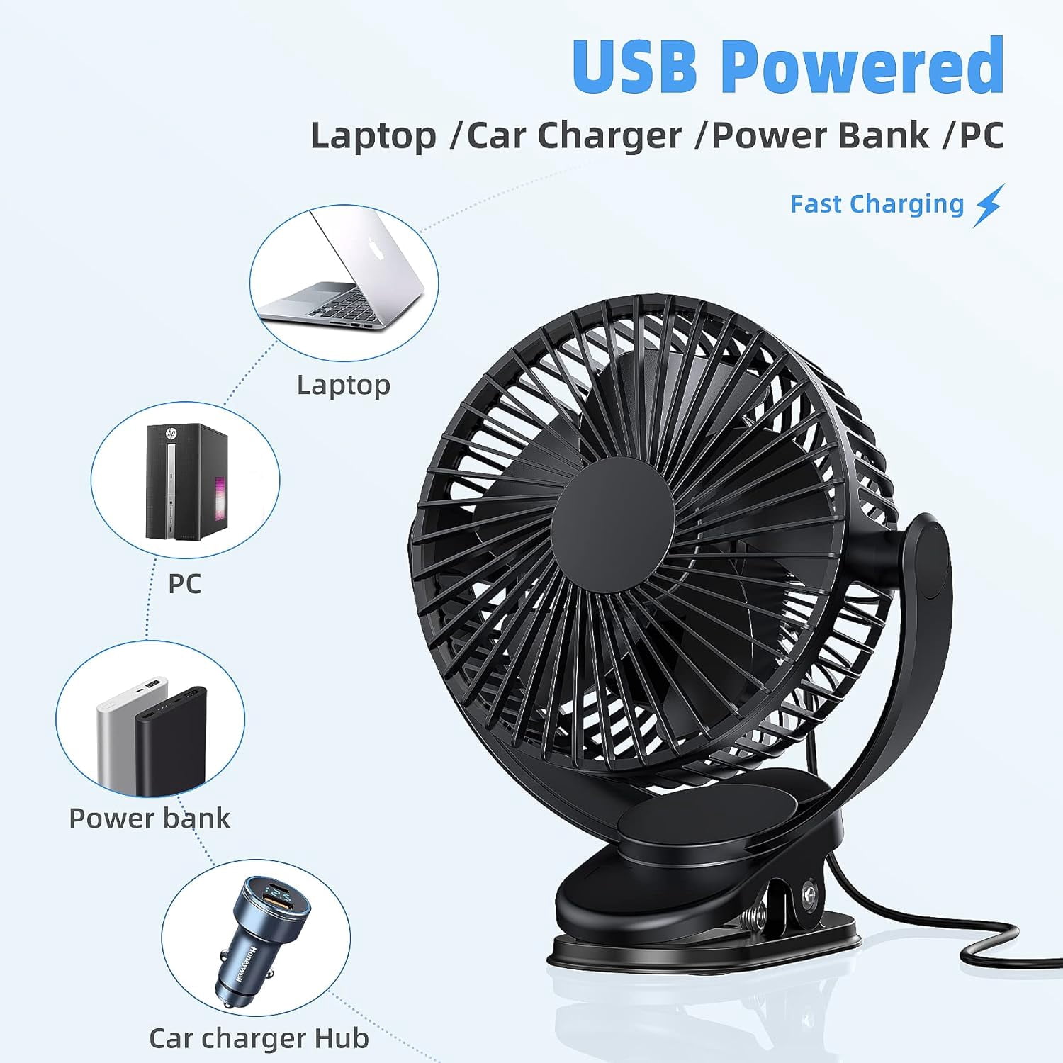 Clip-on Portable Desk Fan, 3 Speeds Adjustable Cooling Fan, 5000mAh Rechargeable Battery with 720° Rotation, Sturdy Clamp Fan for Car, Treadmill, Home and Camping