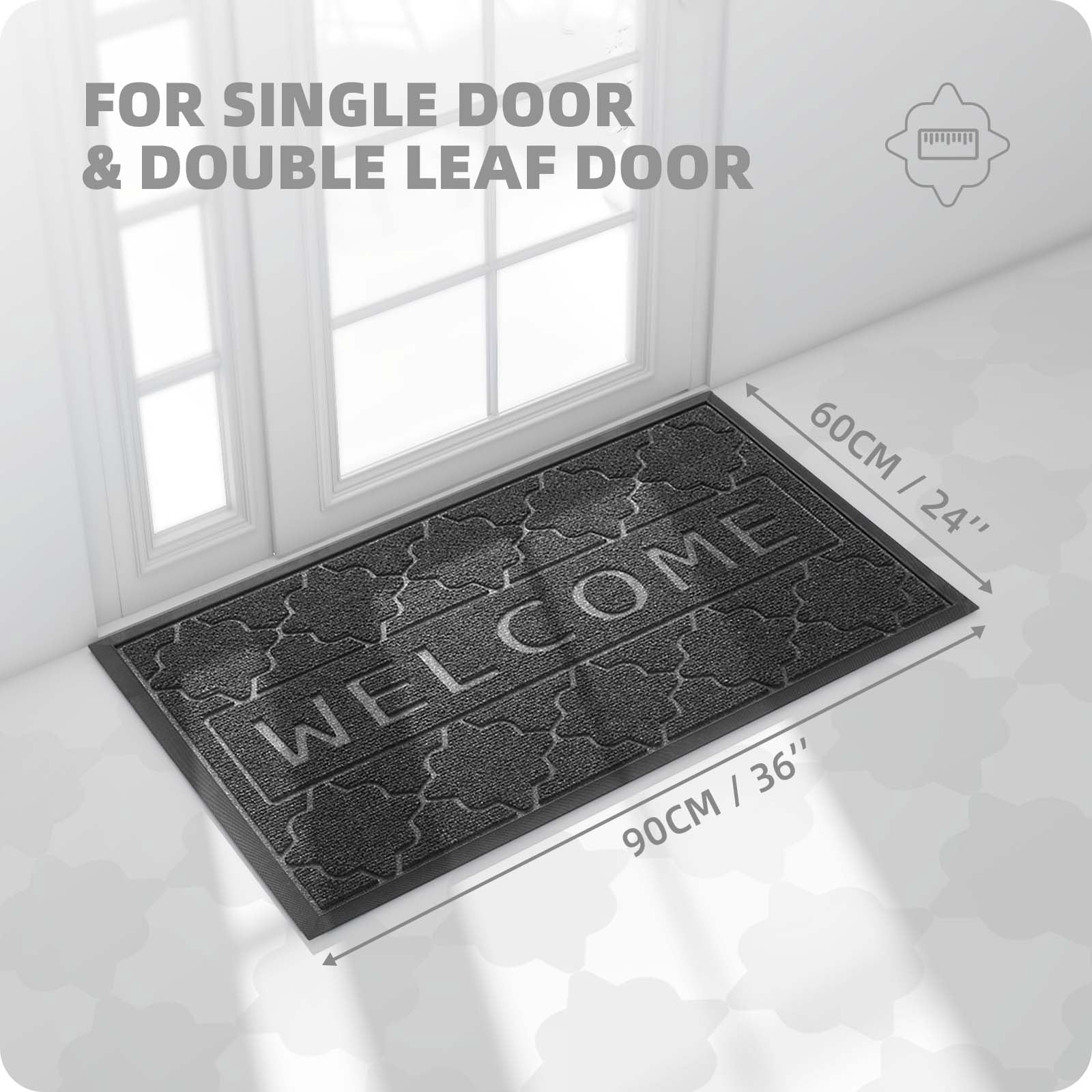 PABUBE Welcome Mat Front Door Mat Non-slip Doormat, Low Profile Outdoor Doormat Entry Rug for Entryway, Patio, Black Gray, 24" x 36"