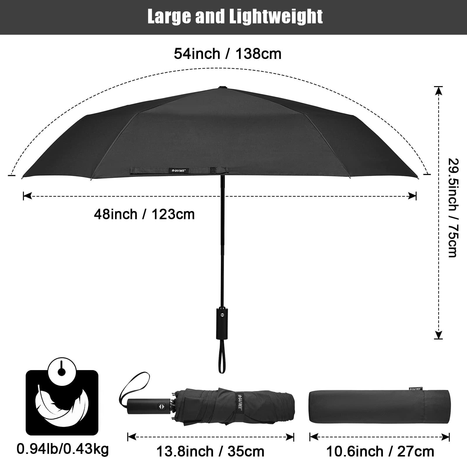 G4Free 54 Inch Large Golf Umbrella, Automatic Square 3 Folding Windproof Compact Travel Rain Umbrella
