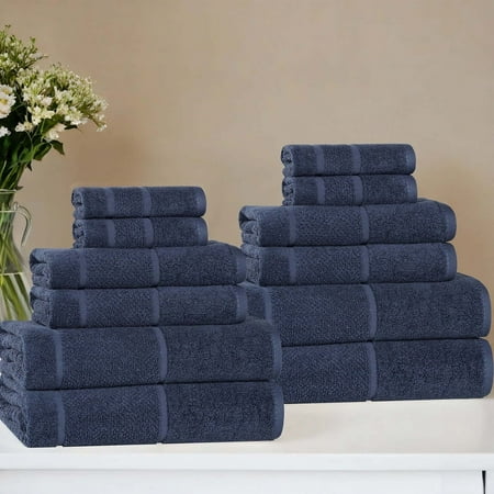 Superior Mile Smart Twist Cotton Medium Weight 12 Piece Towel Set, Navy Blue