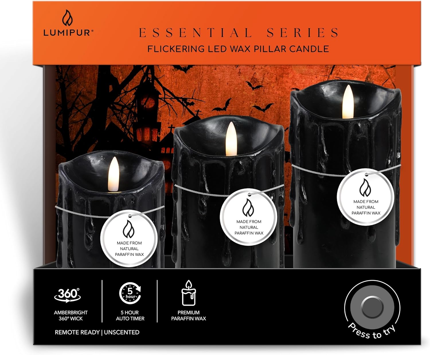 LumiPur Essentials Natural Glow Flameless Flickering Wax Drip Halloween Pillar 3 Pack LED Candles (3" x 4" 5" & 6") (Black, 3 Pack - 3" x 4" 5" & 6")
