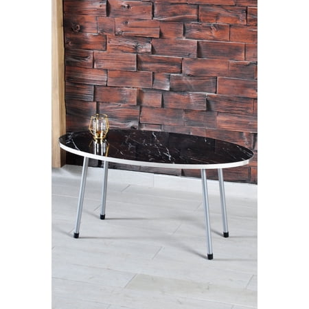 Black Marble Oval Coffee Table with 3-Rod Metal Legs,Faux Marble Coffee Table with Silver Side Details, Modern Round Coffee Table for Living Room,Entryway Table,Center Table for Living Room