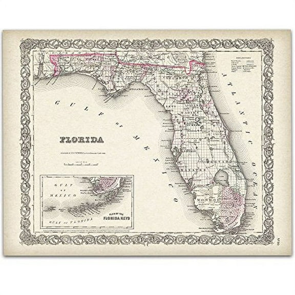 Map of Florida 1855 Art Print - 11x14 Unframed Art Print - Great Vintage Home Decor