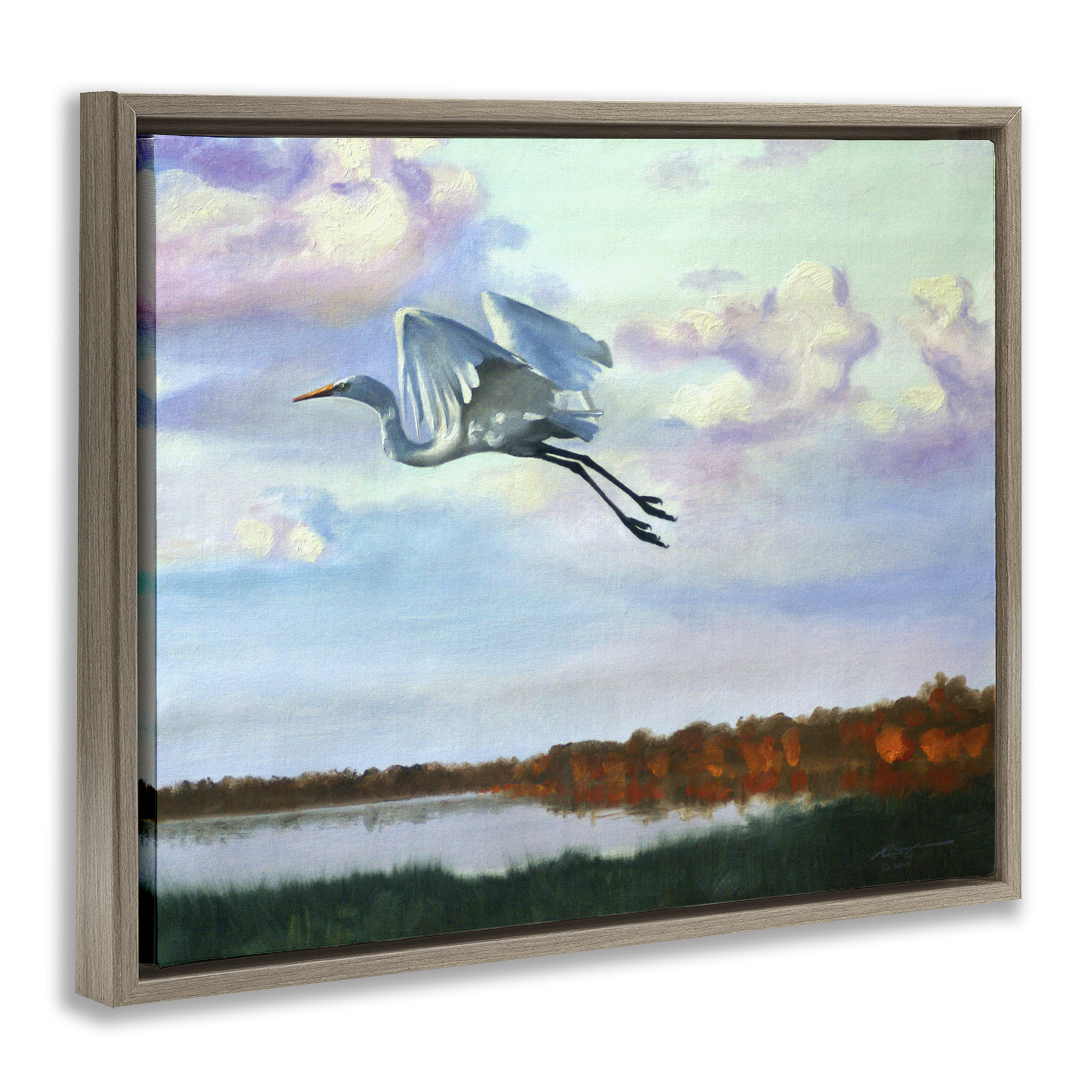 Stupell Industries Egret Over Lake Shore Landscape Painting Brown Floater Framed Canvas Art Print Wall Art, 31 x 25