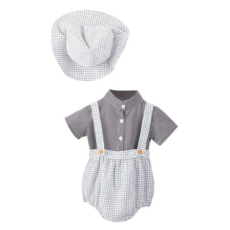 

LBECLEY Baby Boy Bow Tie Set Baby Boys Cute Cartoon Short Sleeve Solid Gentleman Shirt Tops Blouse Plaid Overalls Suspender Pants Romper with Hat Outfit Set 3Pcs Boy 12 Months Clothes Beige 73