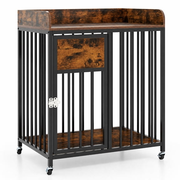 SUGIFT 27.5 Inch Dog Crate Furniture with Wheels, Wooden End Table Dog Kennel Cage with Lockable Door for Small Dogs and Puppies, Rustic Brown