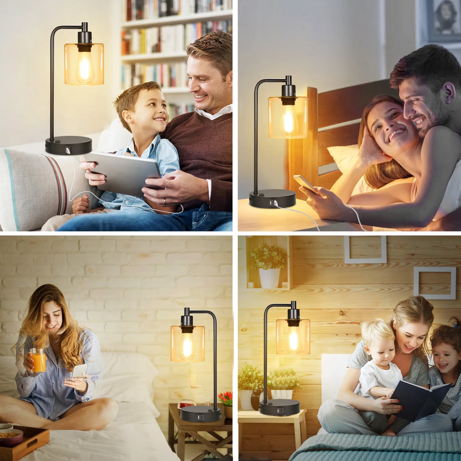 Nosilbek  Industrial Touch Table Lamps for Bedrooms Set of 2, 3-Way Dimmable Nightstand Lamps with USB C+A Ports and Outlet, Black Bedside Lamps with Glass Shade for Living Room Home Office