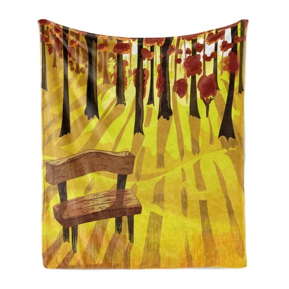 Forest Soft Flannel Fleece Throw Blanket, Cartoon Lonely Bench in Autumnal Park with Seasonal Abstract Growth, Cozy Plush for Indoor and Outdoor Use, 70" x 90", Burnt Sienna Yellow, by Ambesonne