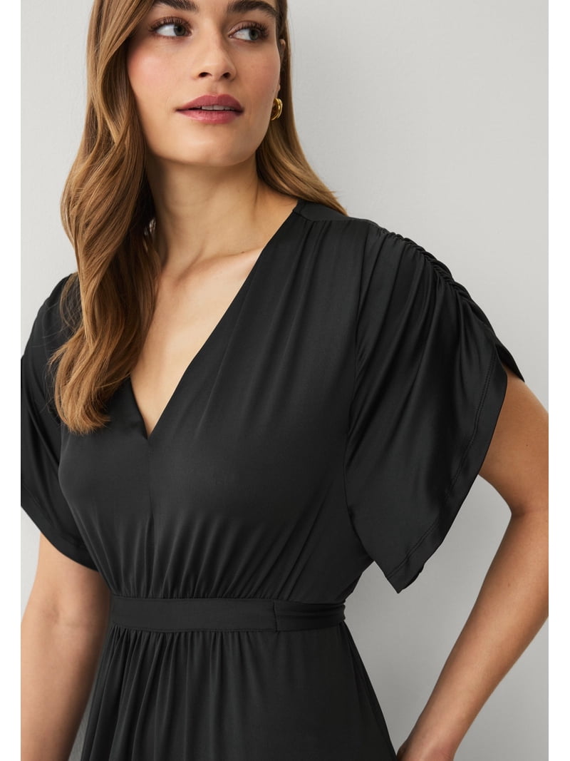 plus size formal dresses 30 32 Women's Stretch Knit Fit And Flare Elbow-Length Sleeve Tie-Back Maxi Dress by ellos in Black (Size 30/32) category_the-edit