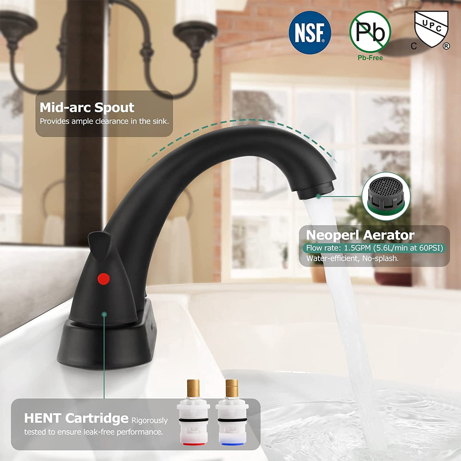 PARLOS Centerset Two-Handle Bathroom Sink Faucet with Metal Drain Assembly and Supply Hose,Matte Black