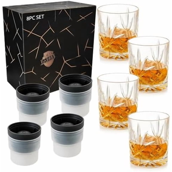 OLD BARREL Whiskey Glasses Set of 8, with Ice Ball Molds, Gift for Men, Dad, etc.